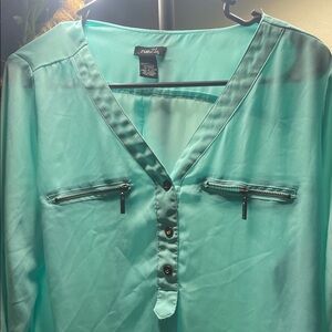 Rue21 Teal V-Neck Blouse with Zipper Details